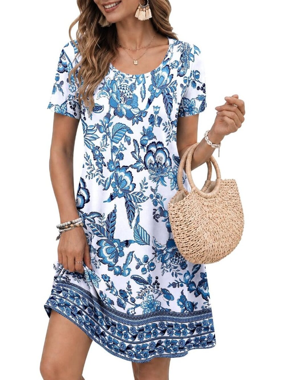Women's Floral Flourish Crew Neck Casual Short Sleeve Pull On Pockets T Shirts
